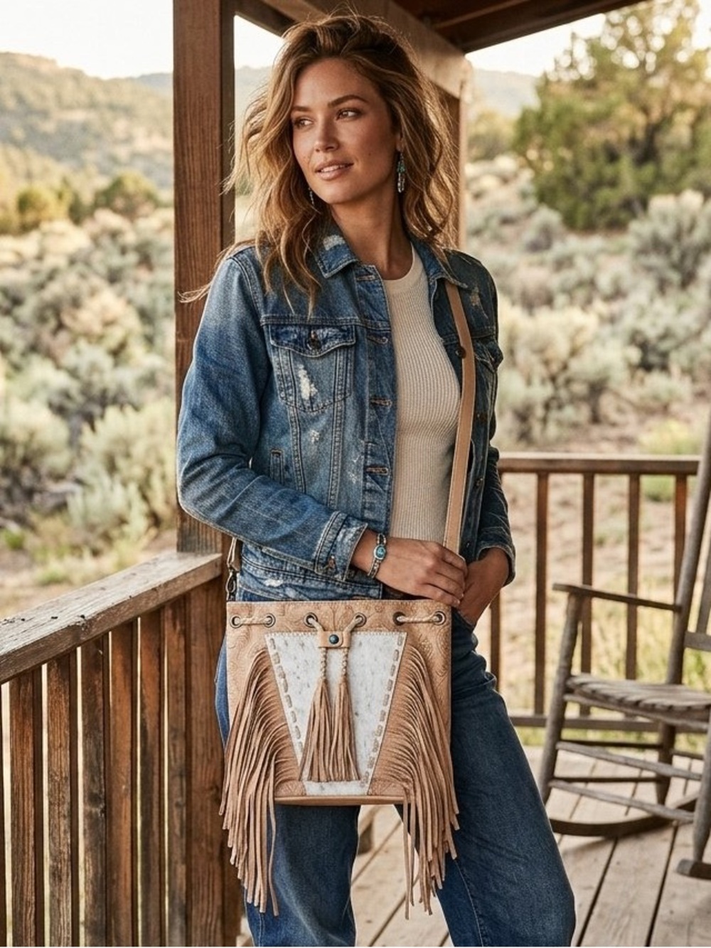 Montana West Fringe Bucket Crossbody Bag Brown & White Hair on Hide Center Panel